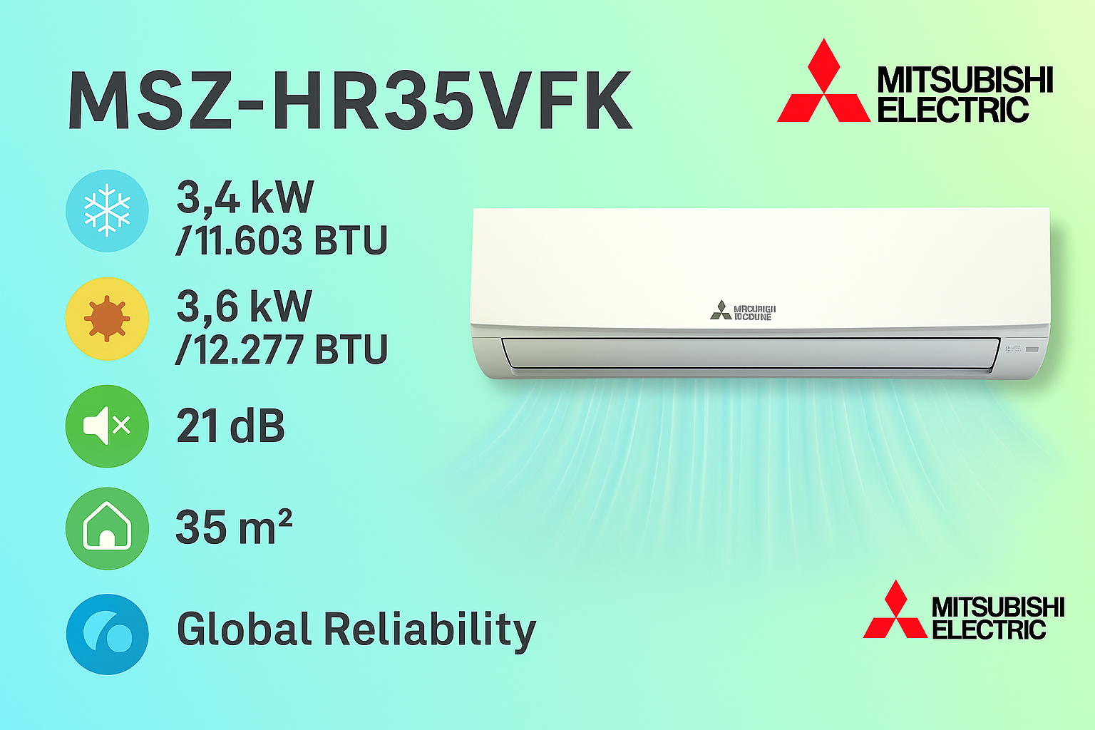 Mitsubishi MSZ-HR35VFK split AC unit, top value model